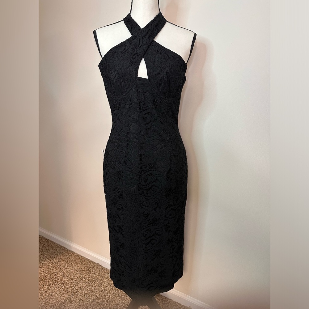 BARDOT Black Lace Halter Cross Neck MIDI Tea Length Dress Sz 8 NWT (A0059 B3)